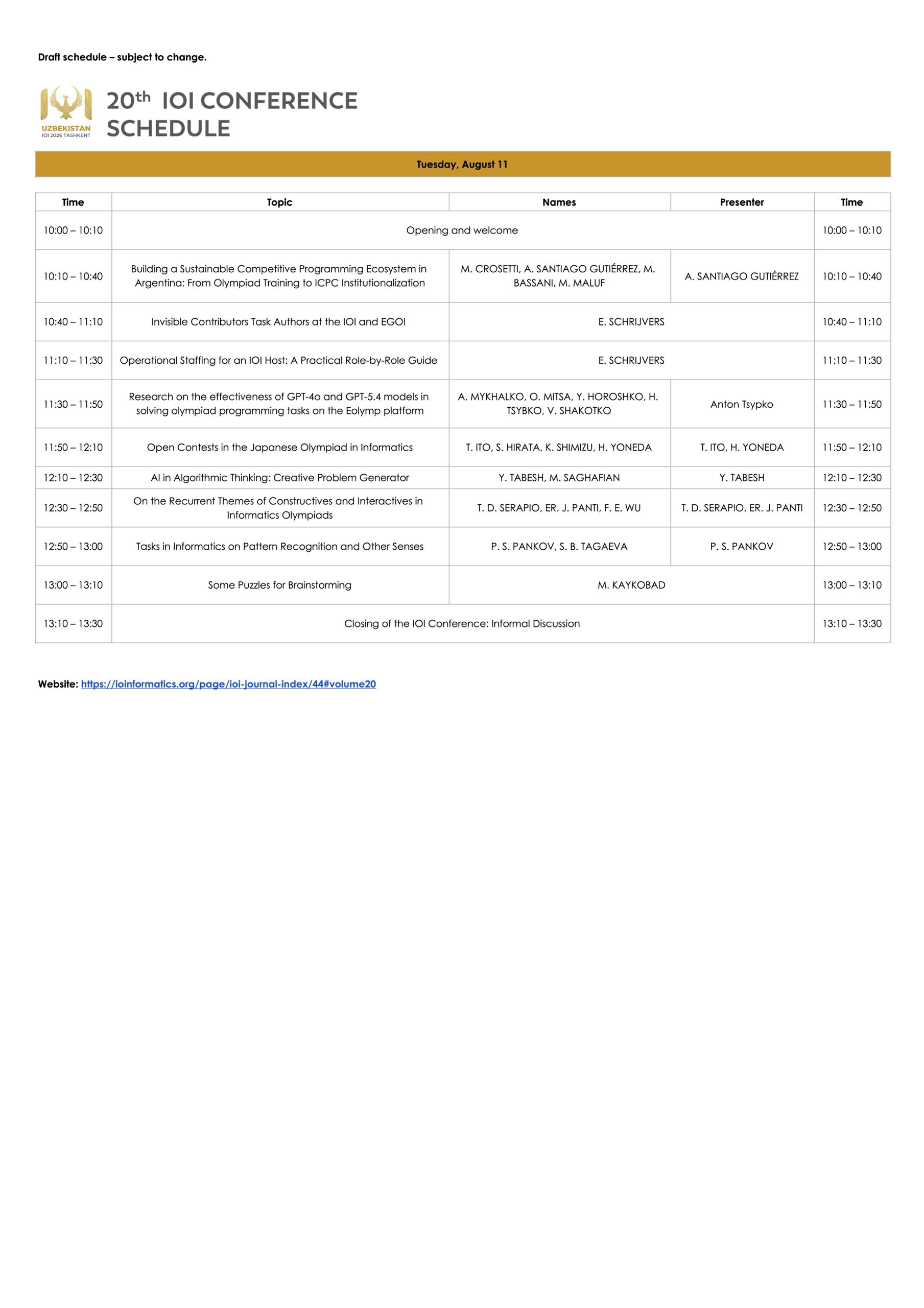 20th IOI Conference Schedule — Tuesday, August 11